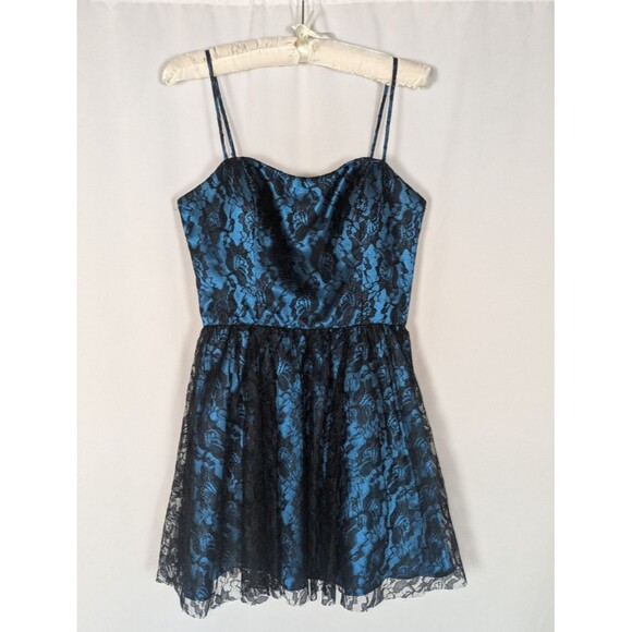 Vintage Deb Dress 7/8 Junior's Blue Lace Overlay Spaghetti Strap Mini Prom Hoco - Picture 2 of 9